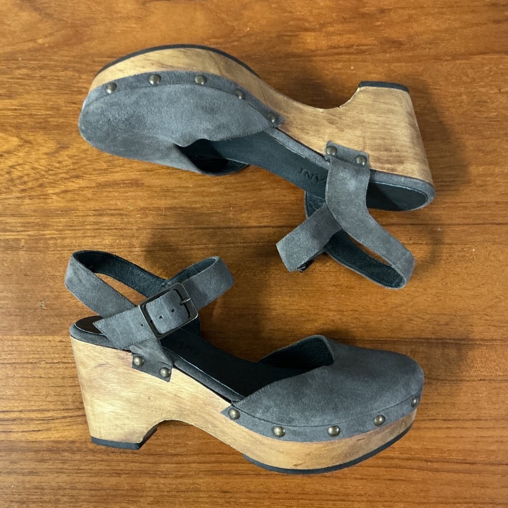Cordani Womens Gray Suede Wooden Platform Sandals Size 39 US 8.5 Chunky Heel